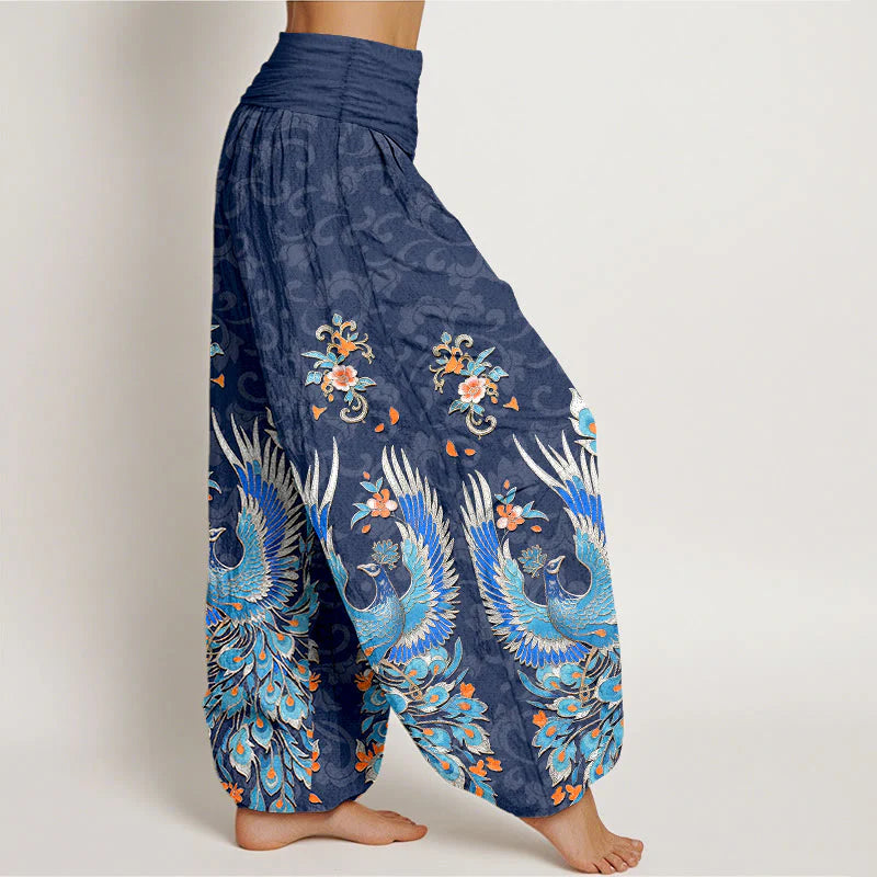 Buddha Stones Cotton Phoenix Peach Blossom Pattern Women's Elastic Waist Harem Pants