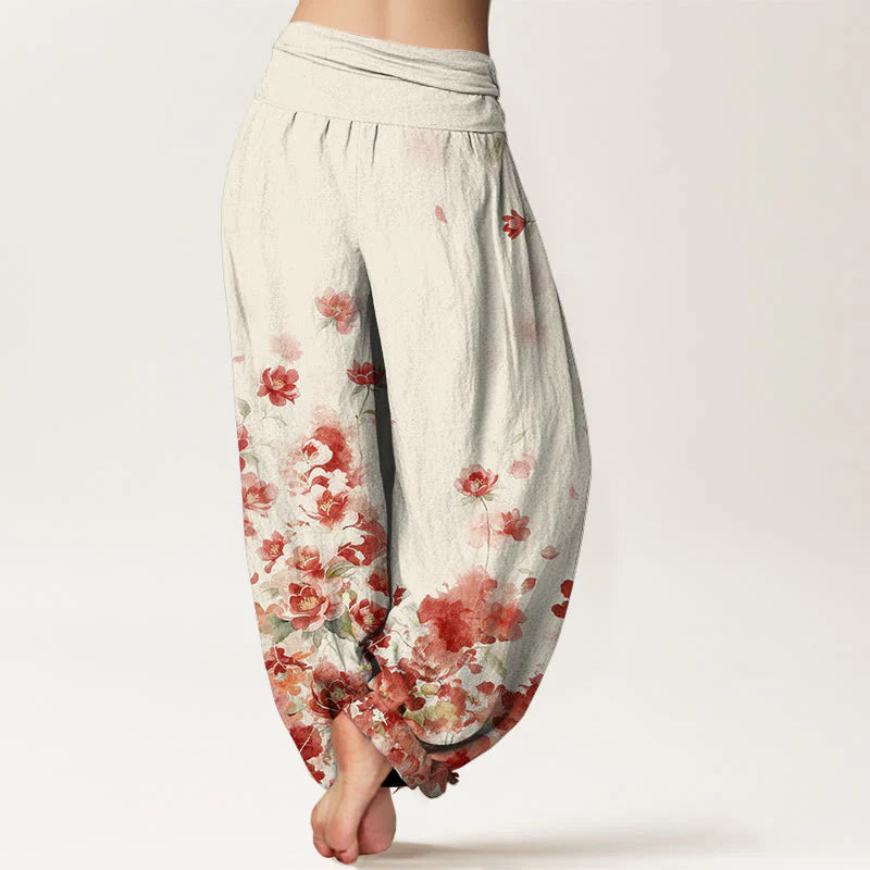 Buddha Stones Cotton Camellia Peony Blossom Pattern Women's Elastic Waist Harem Pants