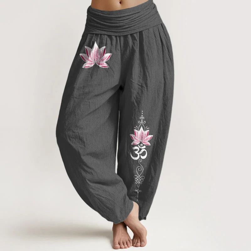 Buddha Stones Cotton Pink Lotus OM Pattern Women's Elastic Waist Harem Pants