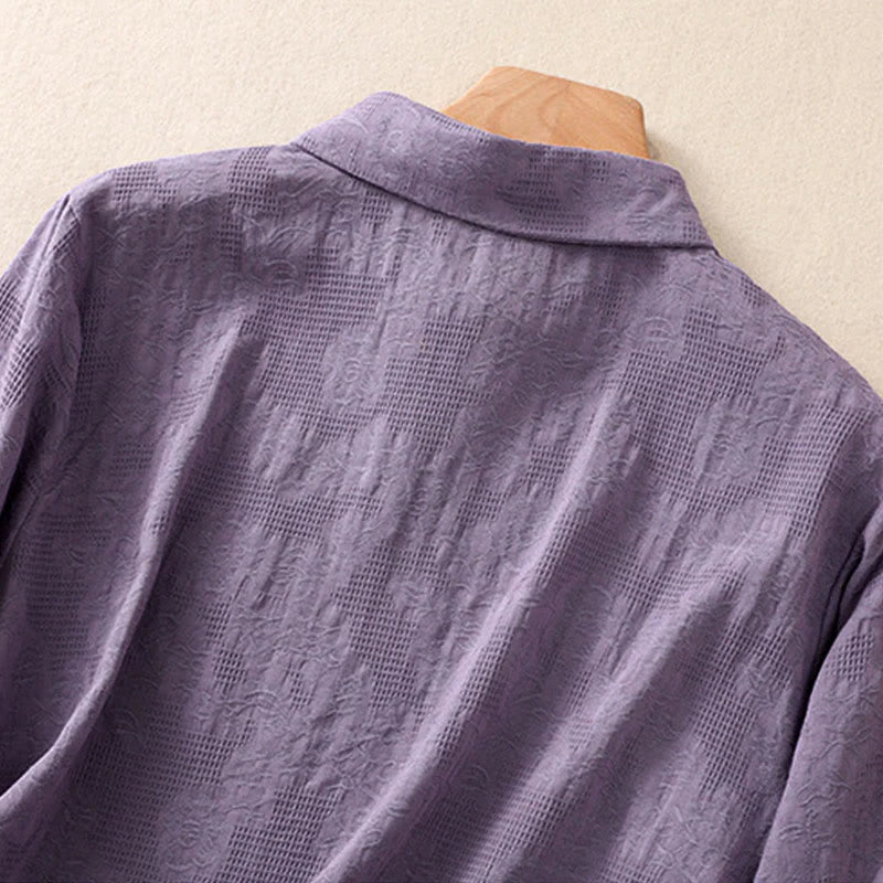 Buddha Stones Fall Embroidery Asymmetrical Design Frog-Button Women's Cotton Long Sleeve Shirt