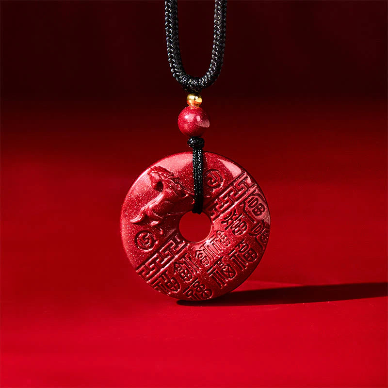 Buddha Stones Year Of The Horse Carved Fu Character Peace Buckle Design Cinnabar Blessing Auspicious Necklace Pendant