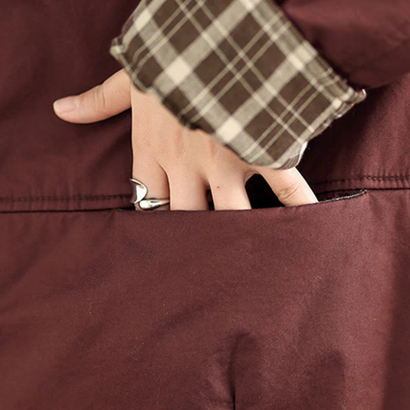 Buddha Stones Plaid Hoodie Pattern Women's Long Sleeve Cotton Thickened Jacket With Pockets