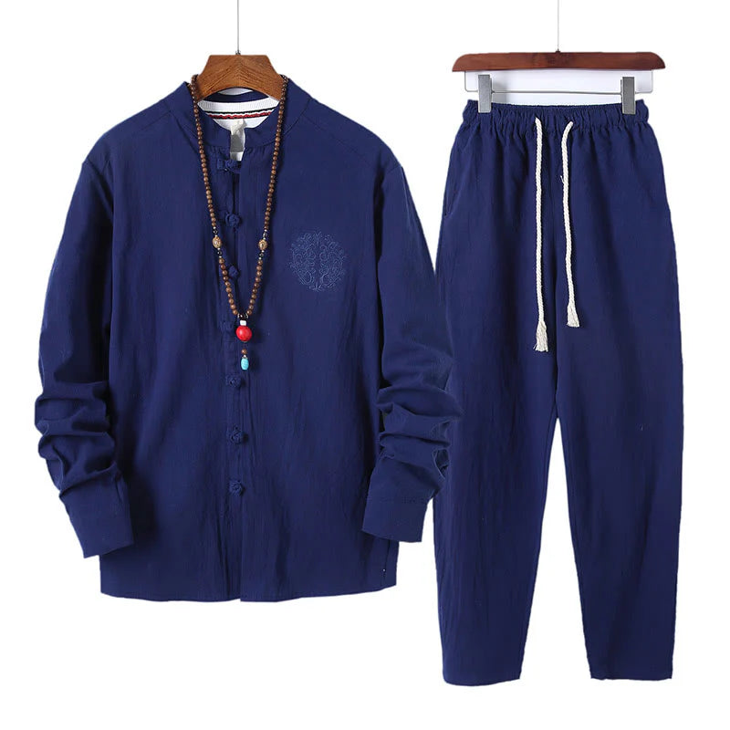 Buddha Stones 2Pcs Solid Color Men's Frog-Button Long Sleeve Cotton Shirt Pants Set With Pockets