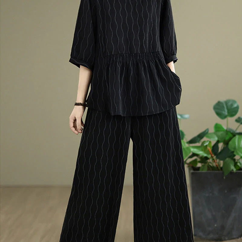 Buddha Stones 2pcs Striped Pattern Short Sleeve Shirt Polyester 7 Length Harem Pants Set With Pocket
