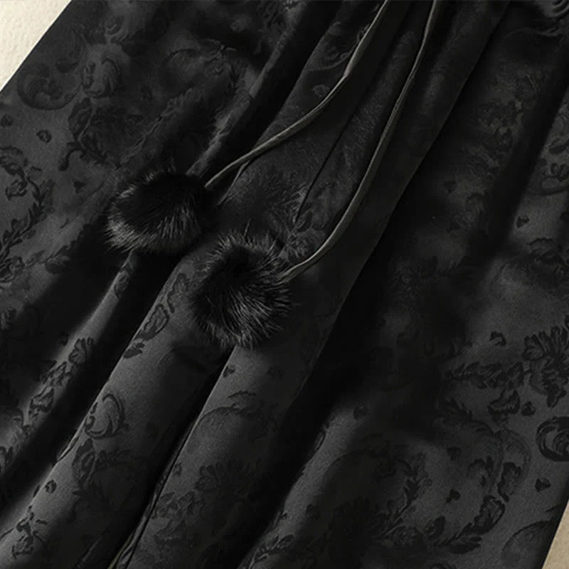 Buddha Stones Jacquard High Waist Design Women's Wide Leg Thermal Thickened Pants With Pockets