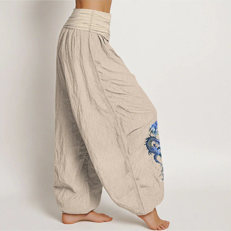 Buddha Stones Pure Cotton Striking Dragon Pattern Women's Elastic Waist Harem Pants