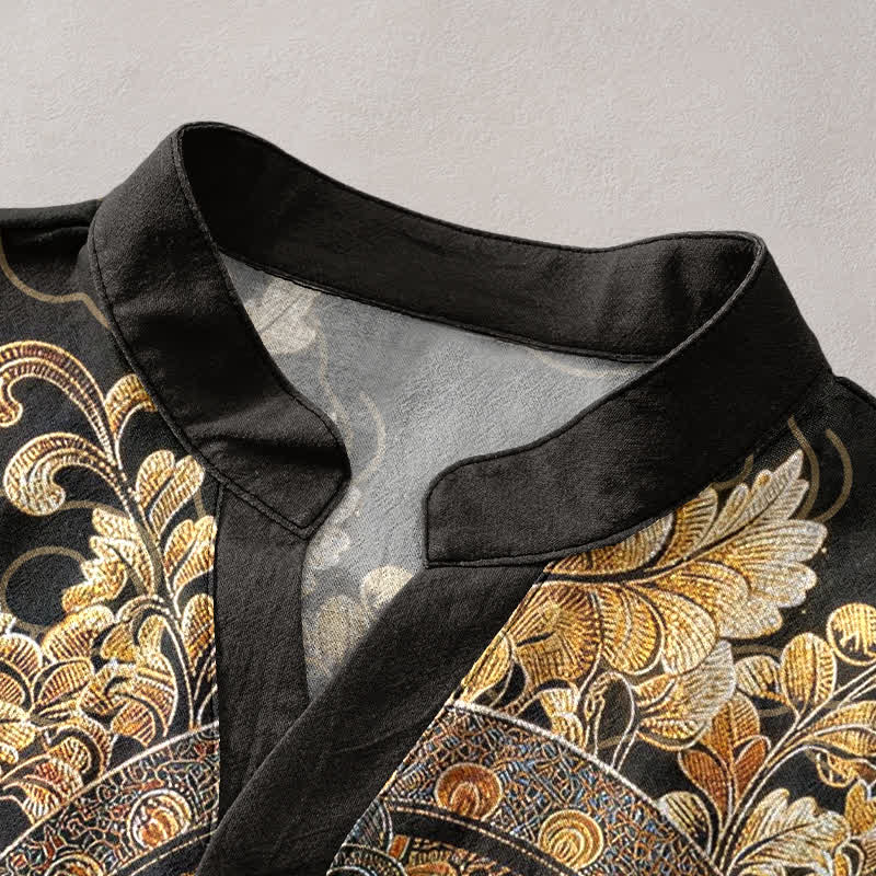 Buddha Stones Cotton Gold Buddha Floral Print Men's Short Sleeve Half Button Shirt