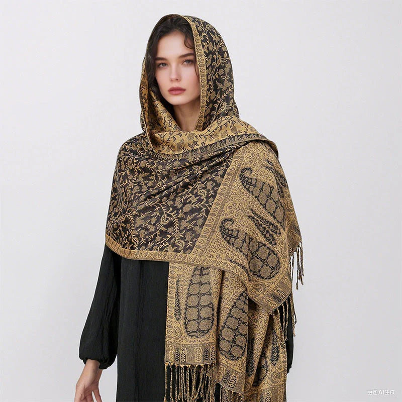 Buddha Stones Tibetan Jacquard Paisley Flower Pattern Color Contrast Design Tassel Cozy Scarf Shawl