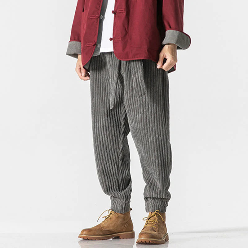 Buddha Stones Winter Solid Color Men's Ankle-Length Corduroy Pants With Pockets