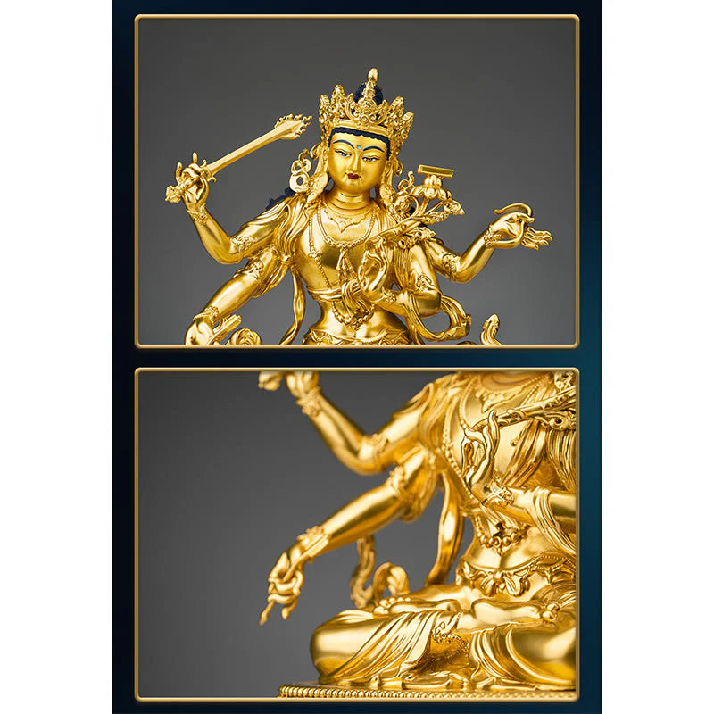 Buddha Stones Four-armed Manjusri Bodhisattva Gold Figurine Compassion Serenity Copper Statue Home Decoration