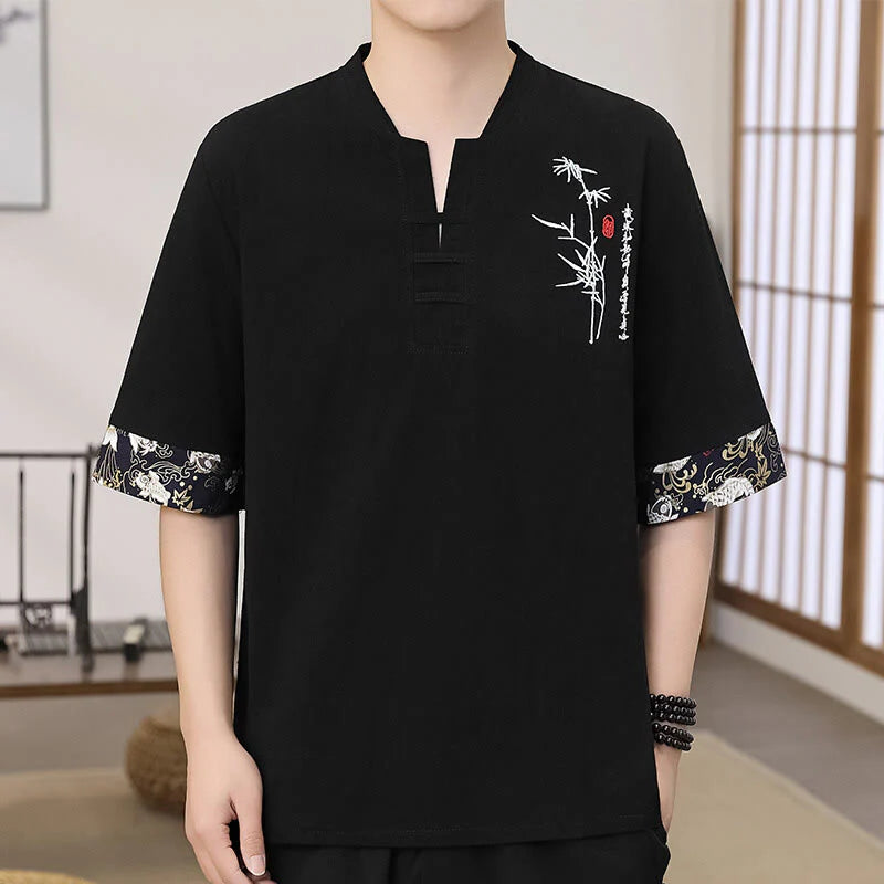 Buddha Stones Summer Embroidery Bamboo Pattern Patchwork Design Men's Half Sleeve Cotton Linen T-Shirt
