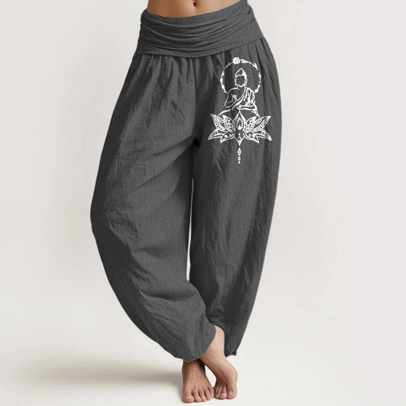 Buddha Stones Pure Cotton Concise Lotus Buddha Pattern Women's Elastic Waist Harem Pants