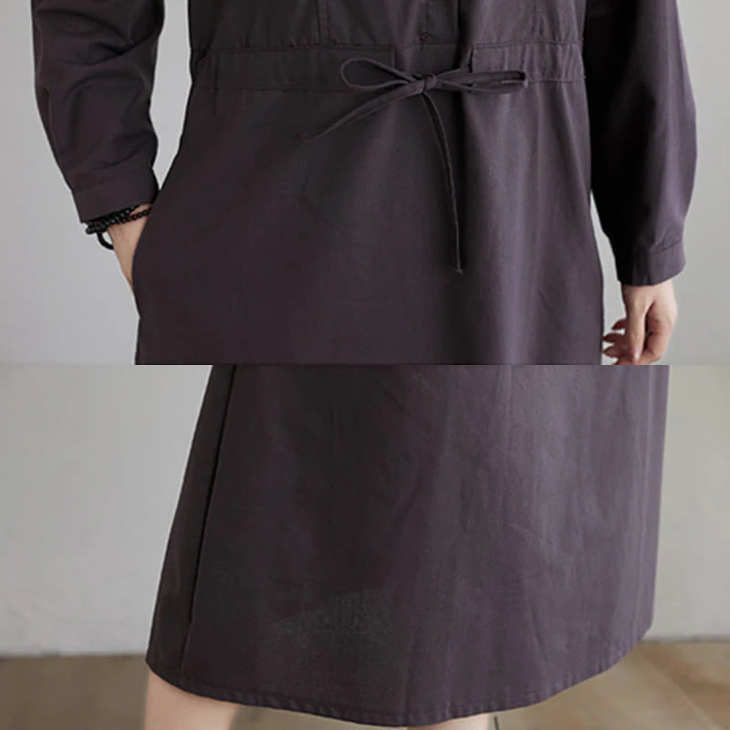 Buddha Stones Fall Solid Color Lace-Up Design Lapel Long Sleeve Cotton Midi Dress With Pockets