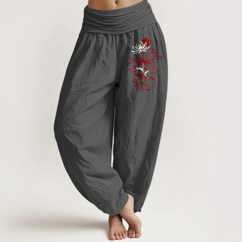 Buddha Stones Chrysanthemums Sun Pattern Women's Elastic Waist Harem Pure Cotton Pants