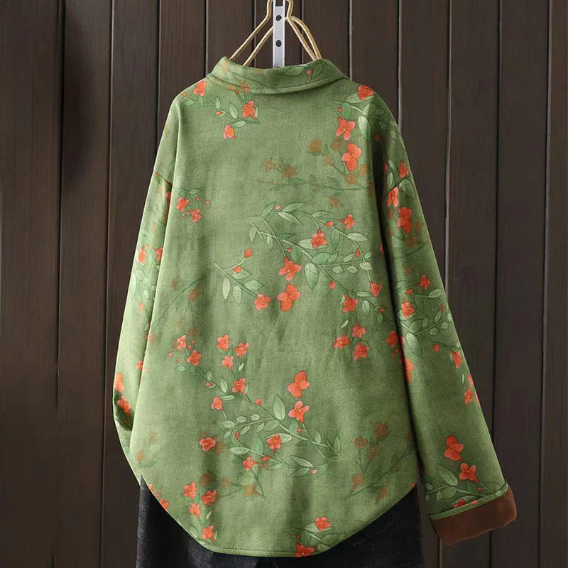 Buddha Stones Winter Flower Green Leaves Frog-Button Stand Collar Long Sleeve Women's Cotton Shirt