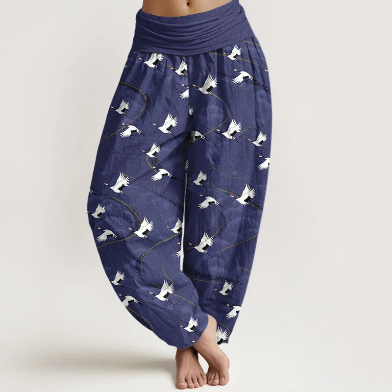 Buddha Stones Cotton Elegant Cranes Winding Lines Pattern Women's Elastic Waist Harem Pants