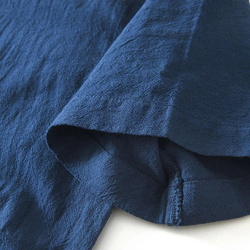 Buddha Stones Vintage Plain Simple Design Men's Short Sleeve Cotton Linen Shirt Clothing With Pockets