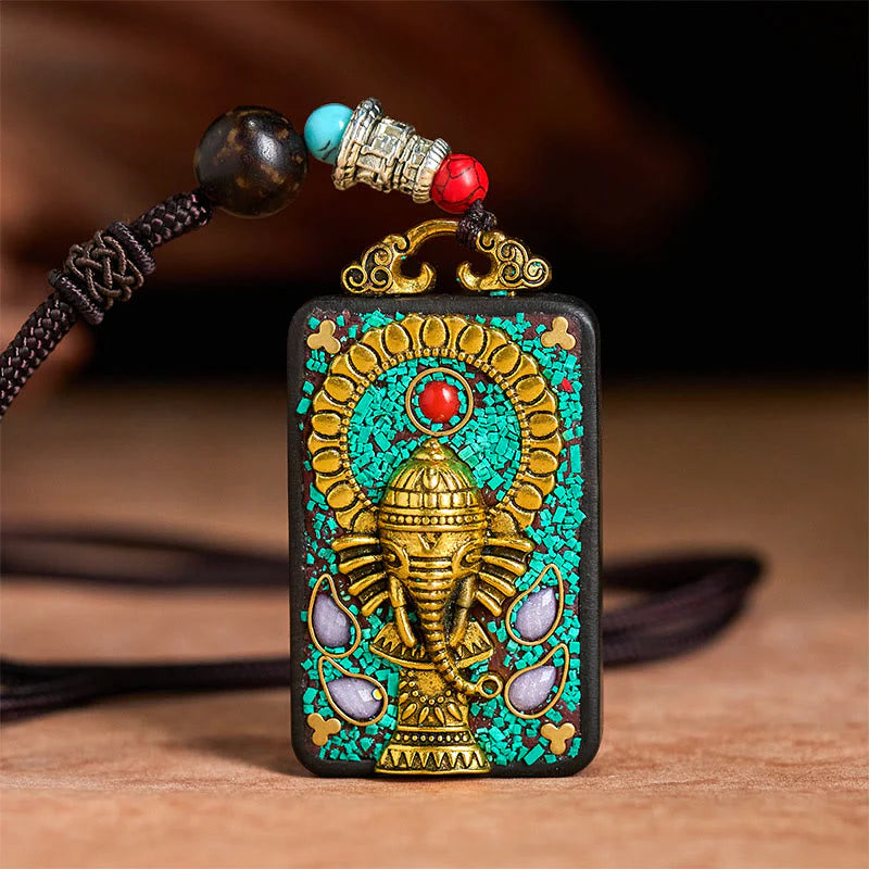 Buddha Stones Tibetan Ganesh Ganpati Elephant Ebony Wood Rope Peace Necklace Pendant