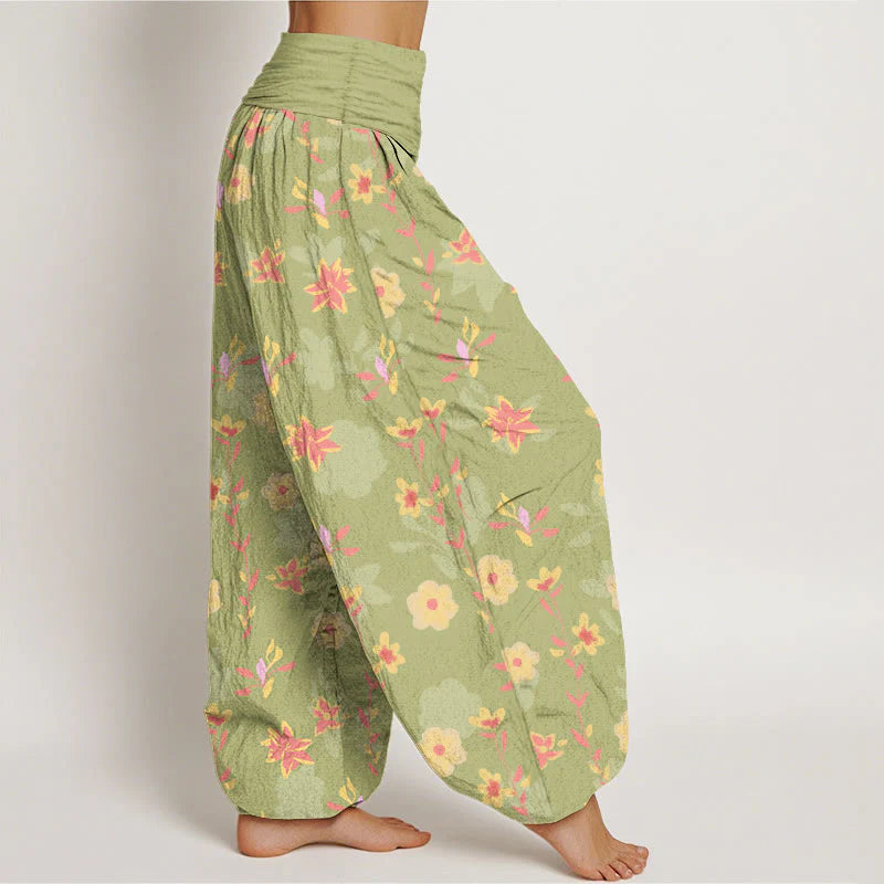 Buddha Stones Cotton Simple Refreshing Flower Leaf Pattern Women's Elastic Waist Harem Pants