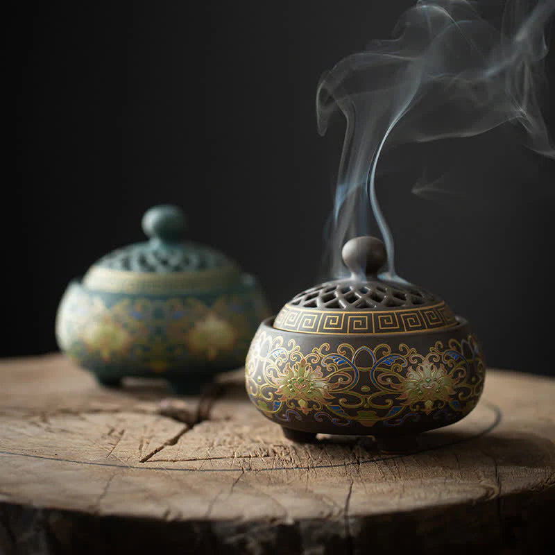 Buddha Stones Tibetan Floral Pattern Ceramic Blessing Incense Burner Decoration (Extra 35% Off | USE CODE: FS35)