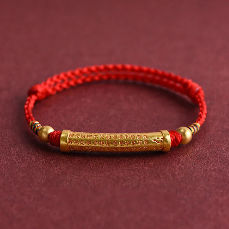 Buddha Stones Handmade Alloy Heart Sutra Protection Strength Rope Bracelet Anklet