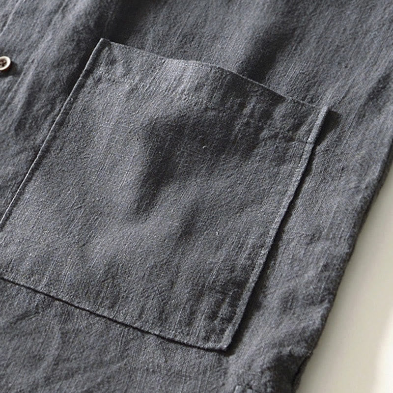 Buddha Stones Solid Color Men's Buttons Long Sleeve Cotton Linen Shirt With Pockets