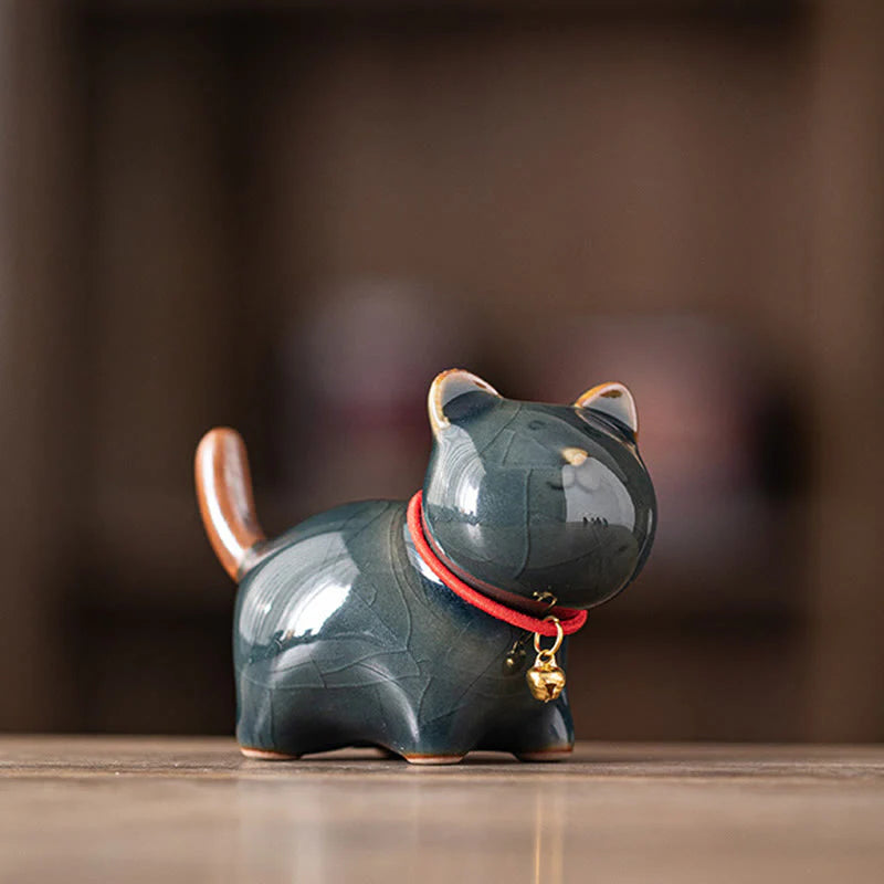 Buddha Stones Mini Lucky Cute Standing Cat Red Rope Bell Ceramic Figurine Decoration