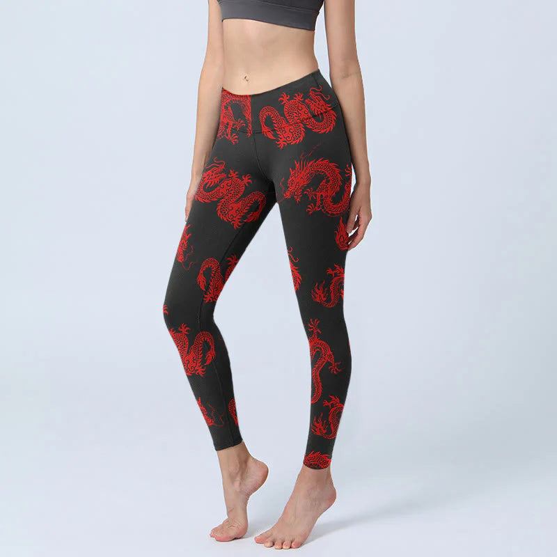 Buddha Stones Red Dragon Pattern Gym Leggings Women's Yoga Pants