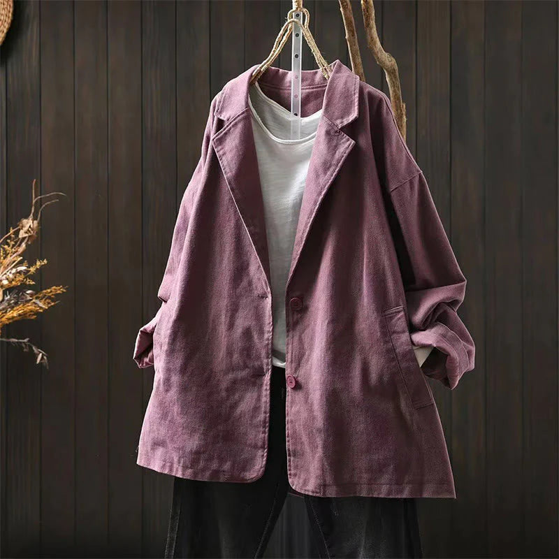 Buddha Stones Spring Fall Buttons Lapel Collar Long Sleeve Mid-length Cotton Women's Jacket With Pockets