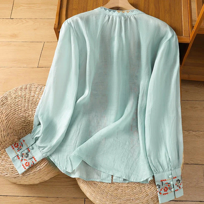Buddha Stones Vintage Embroidery Single Row Multi-Button Placket Design Women's Cotton Linen Long Lantern Sleeve Shirt