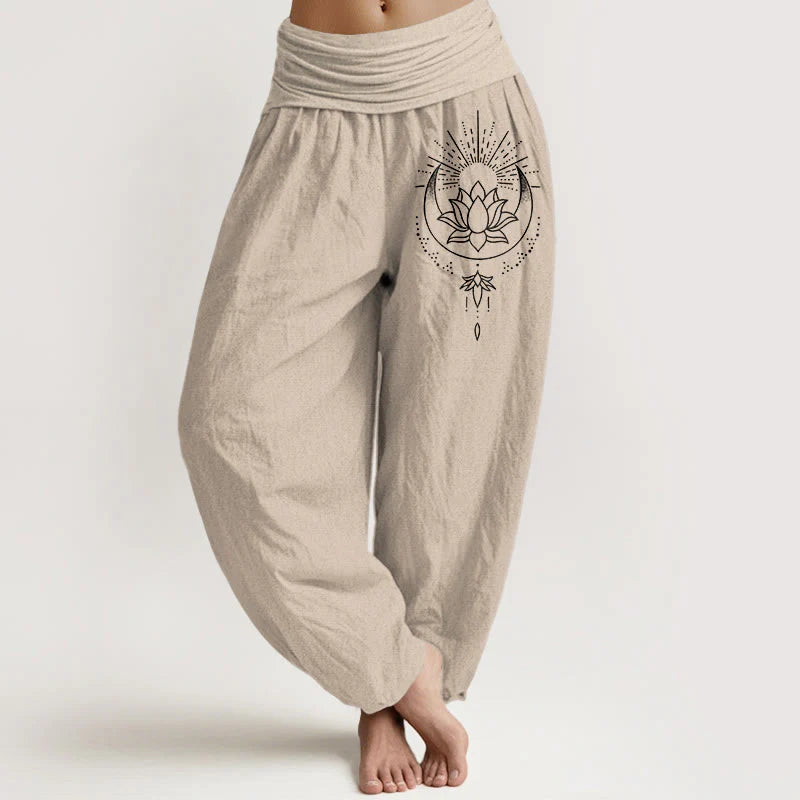 Buddha Stones Pure Cotton Concise Lotus Flower Pattern Women's Elastic Waist Harem Pants