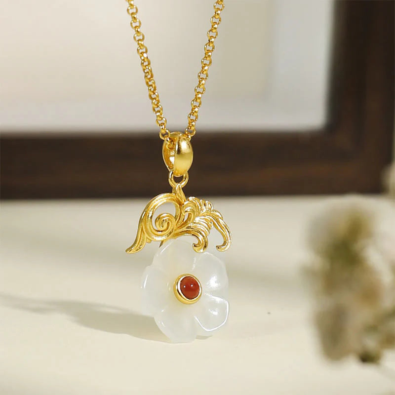 Buddha Stones Hetian Jade Flower 925 Sterling Silver Luck Necklace Pendant
