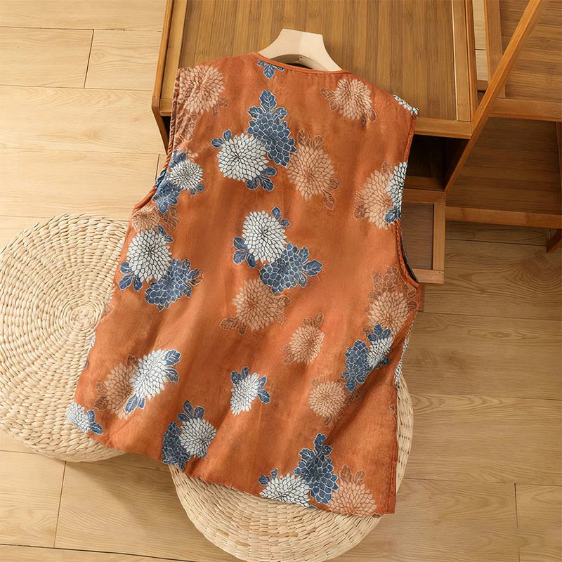 Buddha Stones Floral Prints Buttons Women's Sleeveless Cotton Vest Waistcoat With Pockets