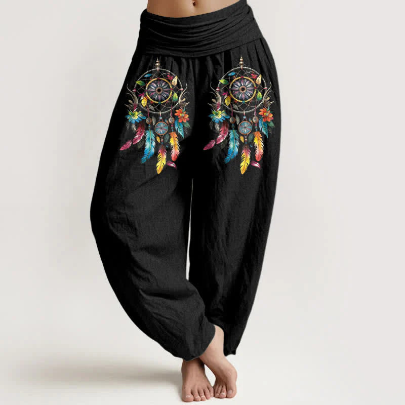 Buddha Stones Cotton Colorful Double Dreamcatchers Pattern High Waist Women's Harem Pants