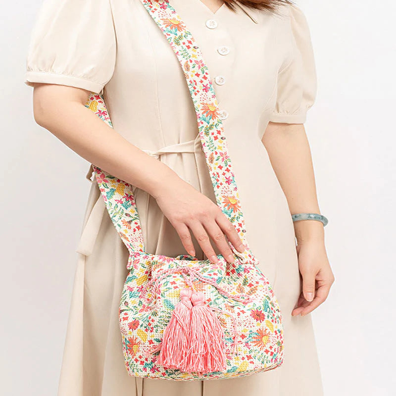 Buddha Stones Colorful Geometry Flowers Print Canvas Bucket Crossbody Bag Shoulder Bag