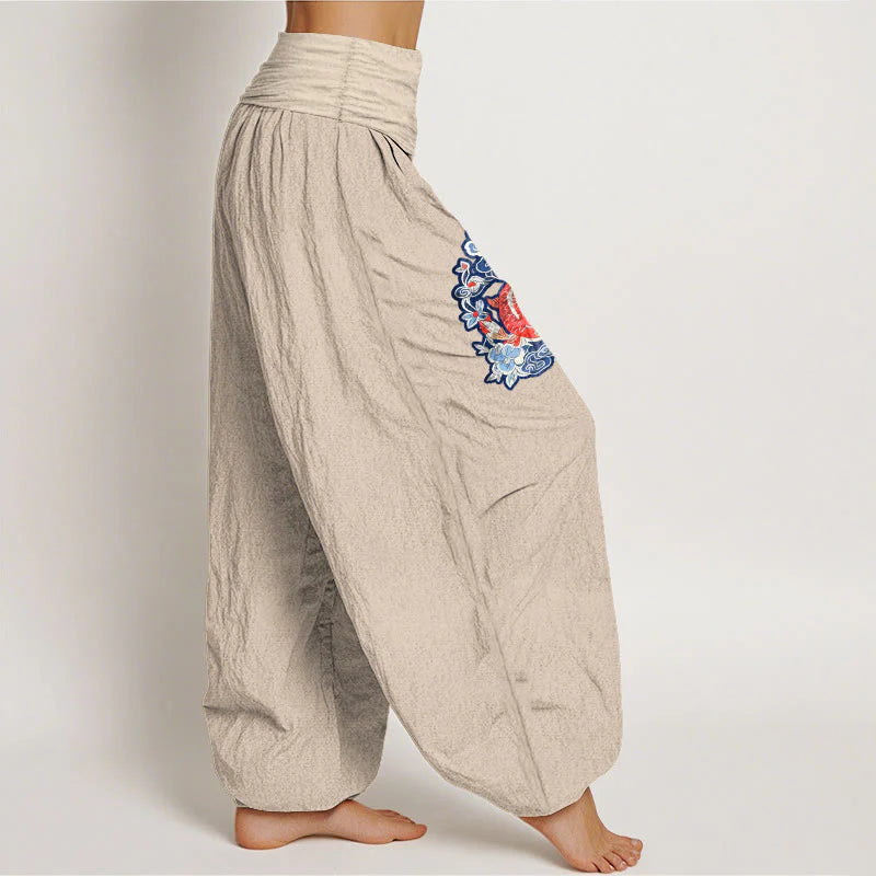 Buddha Stones Pure Cotton Striking Koi Fish Flower Pattern Women's Elastic Waist Harem Pants