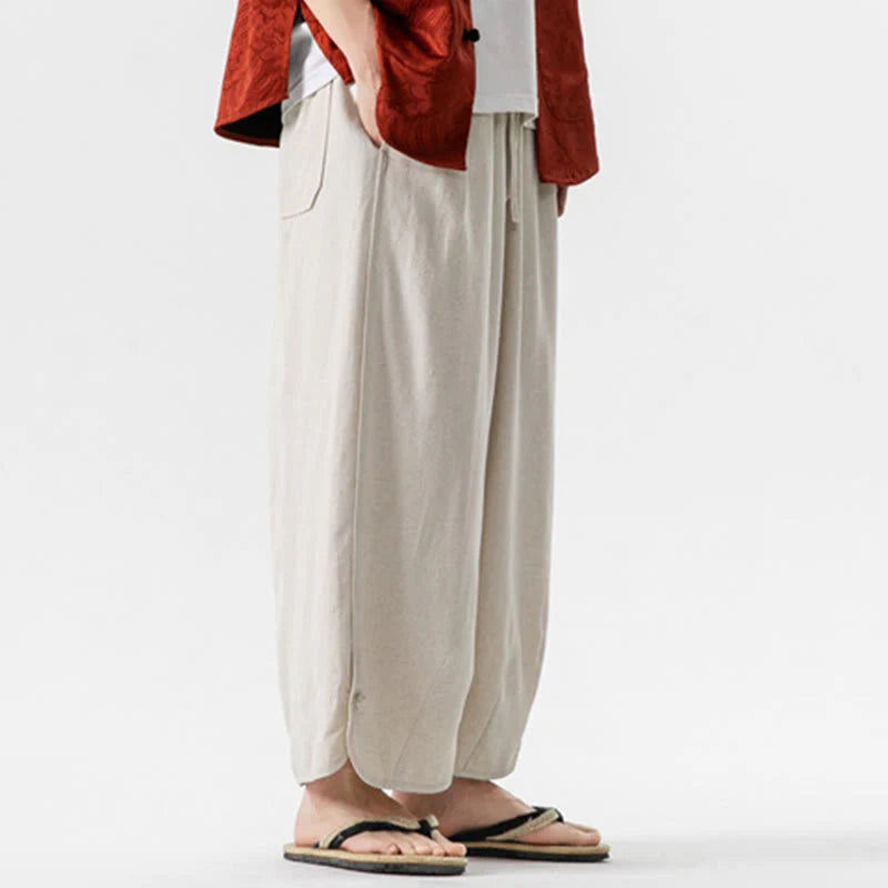 Buddha Stones Summer Plain Drawstring Design Linen Cotton Men's 7-8 Length Pants With Pockets