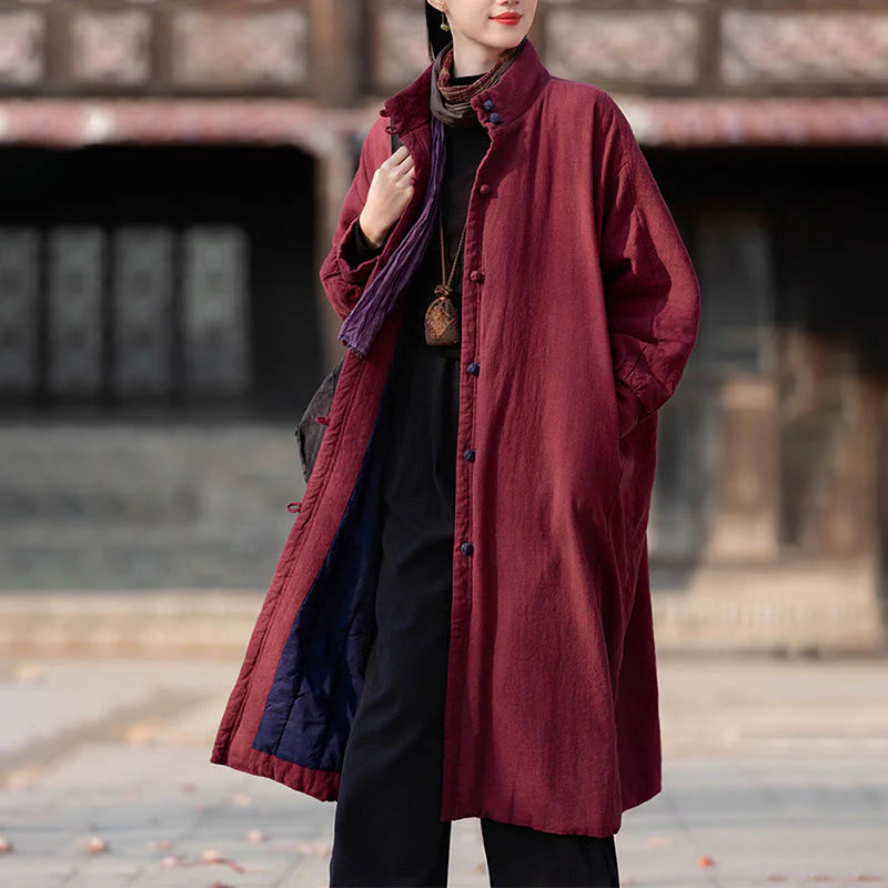 Buddha Stones Winter Solid Frog-Button Ramie Cotton Women's Long Sleeve Thermal Coat With Pockets