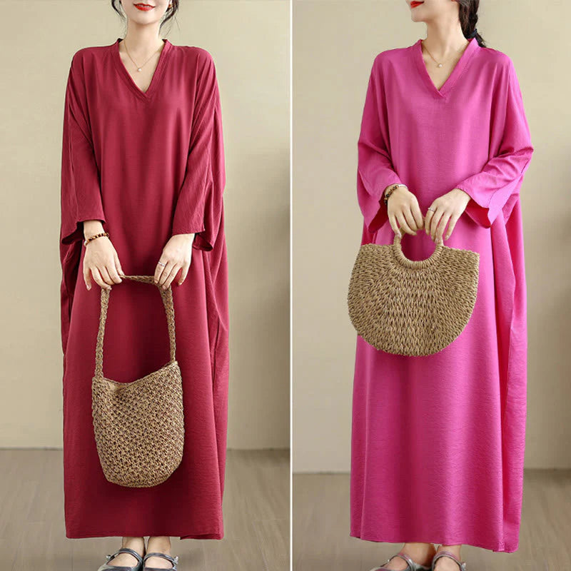 Buddha Stones Retro Casual Solid Color Long Sleeve Cotton Linen Maxi Dress With Pockets