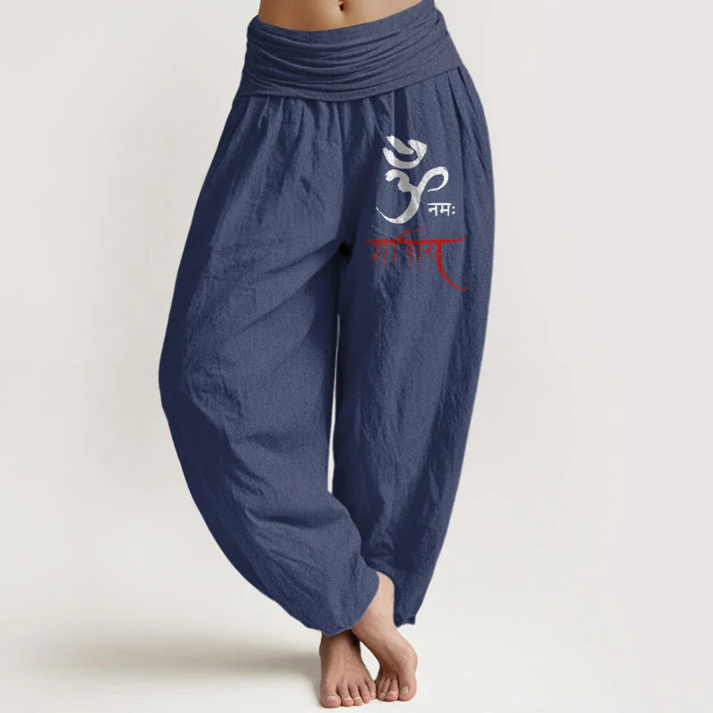 Buddha Stones Om Spells Pattern Women's Elastic Waist Harem Cotton Pants