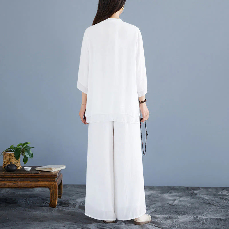 Buddha Stones 2Pcs Solid Color White Frog-Button Three Quarter Sleeve Shirt Wide Leg Pants Meditation Zen Clothing Women's Set