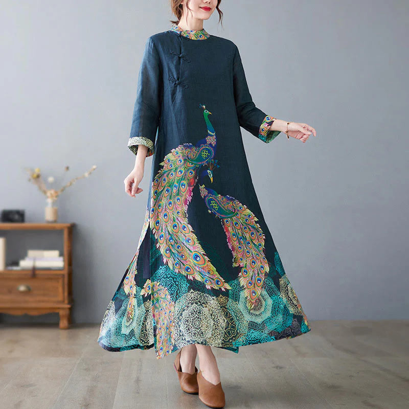 Buddha Stones Fall Colorful Peacocks Mandala Frog-Button Three Quarter Sleeve Cotton Women's Midi Dress