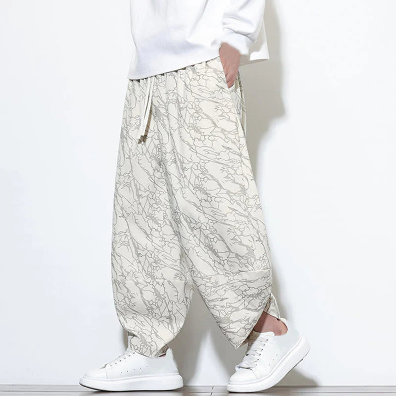 Buddha Stones Fall Textured Lines Print Cotton Elastic Waist Ankle-Length Men's Harem Pants With Pockets