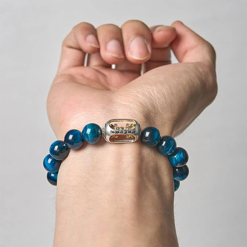 Buddha Stones Natural Blue Tiger Eye Om Mani Padme Hum Strength Bracelet