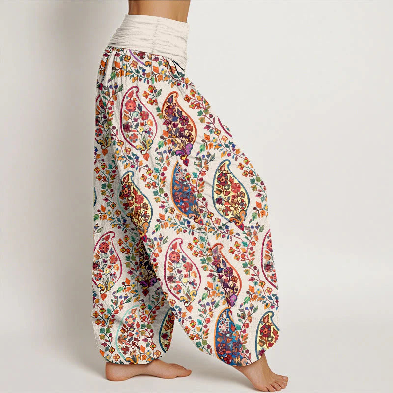 Buddha Stones Cotton Brightly Colored Retro Flowers Leaves Pattern Women's Elastic Waist Harem Pants