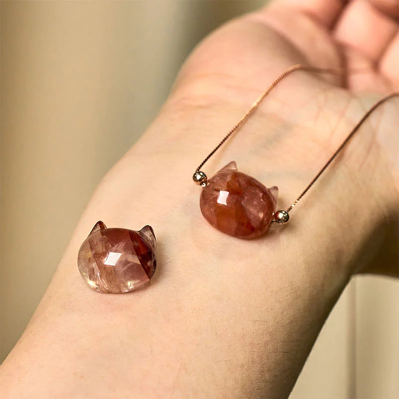Buddha Stones 925 Sterling Silver Cat Head Natural Red Flower Quartz Protection Necklace Pendant