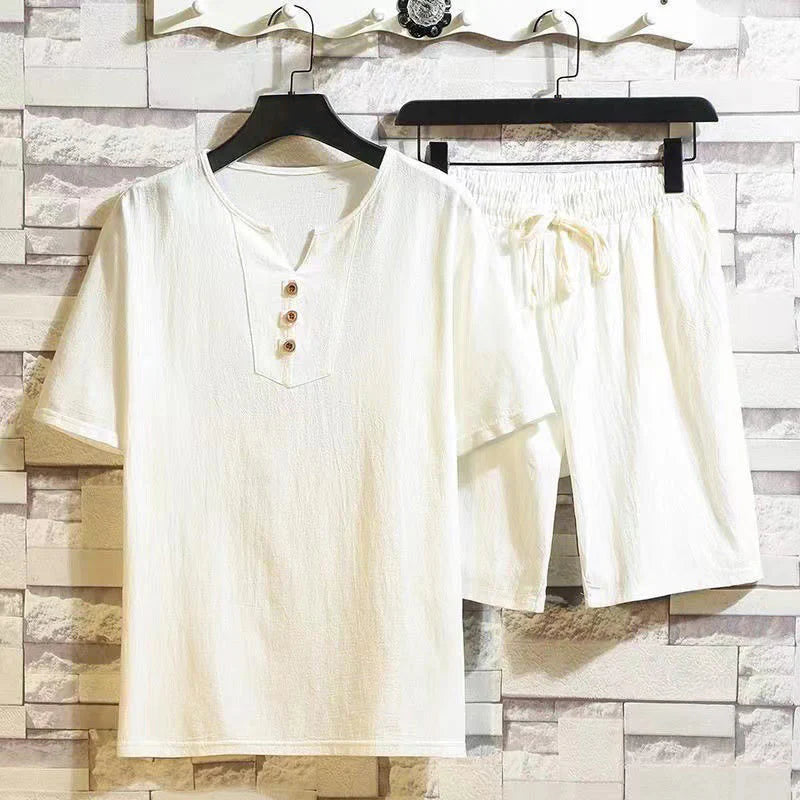 Buddha Stones 2Pcs Short Sleeve T-Shirt Drawstring Short Pants With Pockets Men's Cotton Linen Meditation Cloth Set