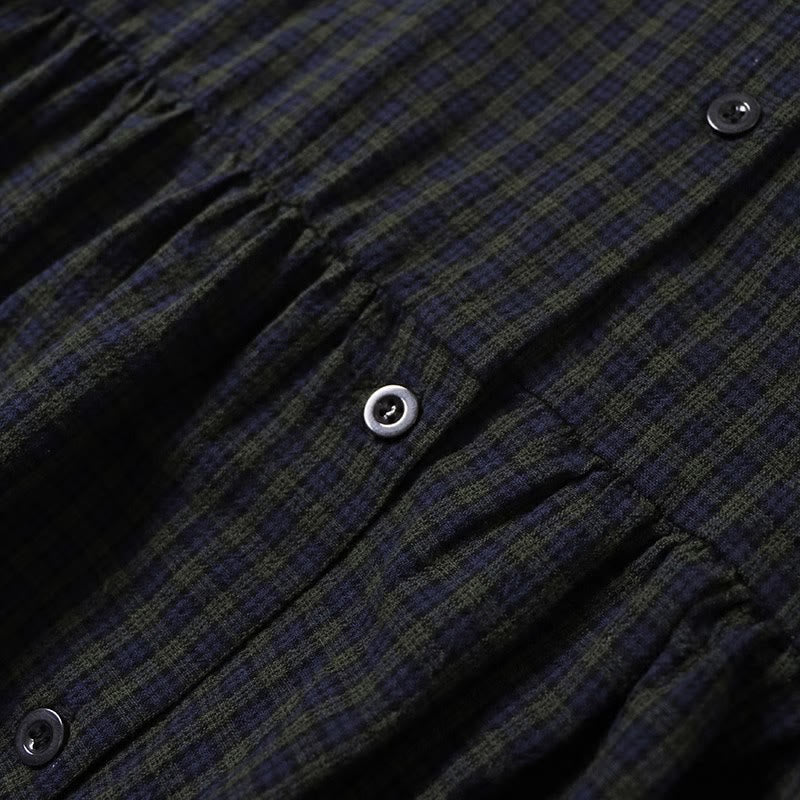 Buddha Stones Long Sleeve Plaid Simple Buttons Ruffled Design Midi Dress With Pockets