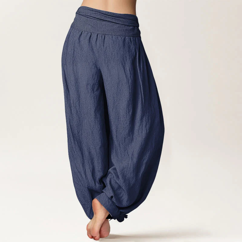 Buddha Stones Sun Moon Pattern Women's Elastic Waist Harem Pure Cotton Pants