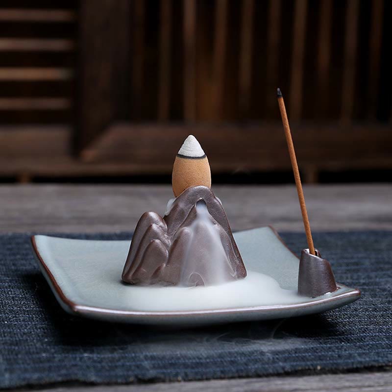 Buddha Stones Lotus Plum Blossom Square Ceramic Spiritual Backflow Incense Burner